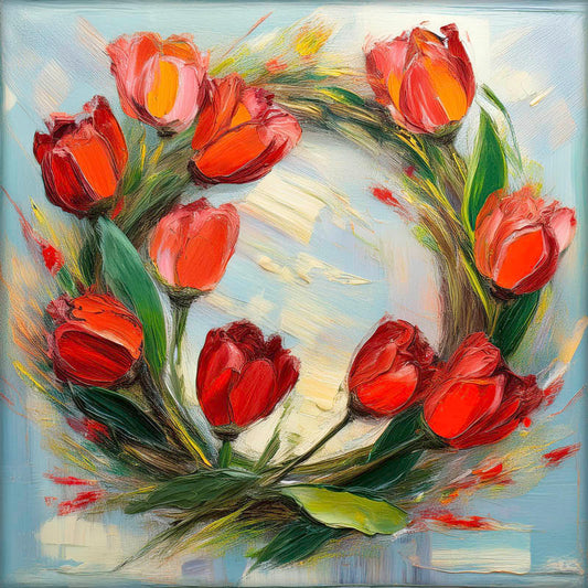 Red Tulip Spring Wreath painted on Cavnas