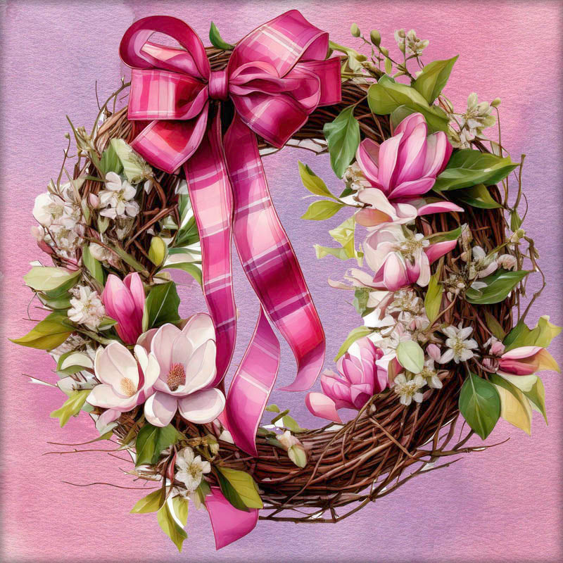 beautiful grapevine wreath with magnolia blooms and a pink plaid ribbon