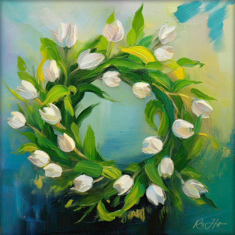 White Tulip Spring Wreath Oil Painting on Canvas