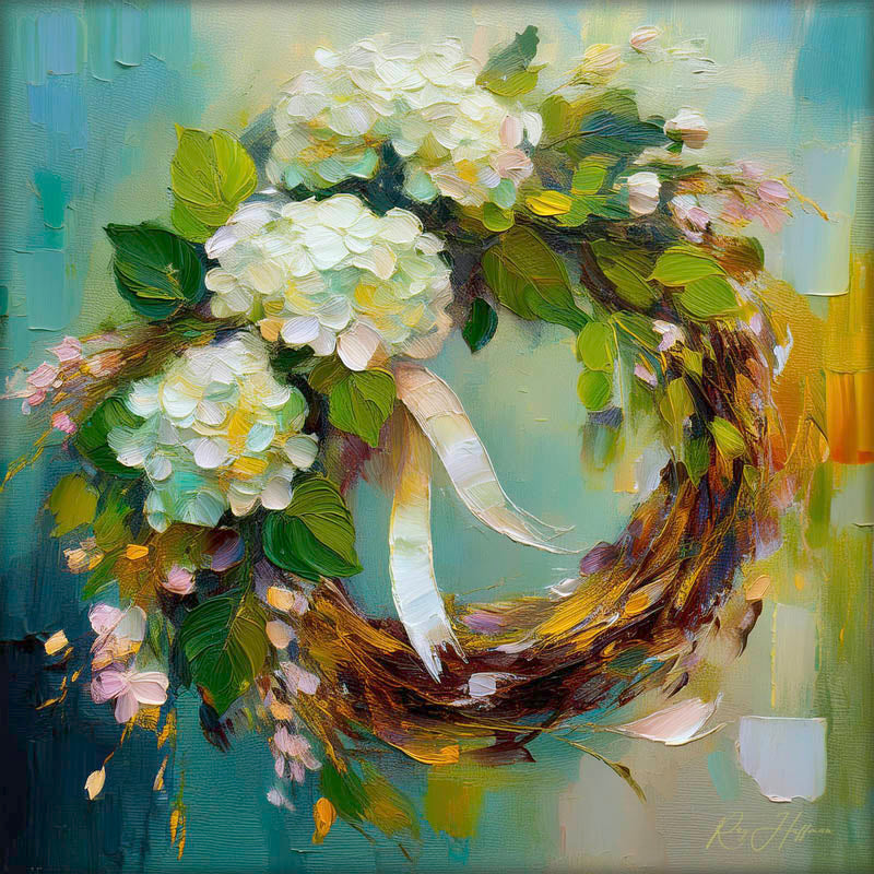 Spring White Hydrangea Wreath painted on Canvas