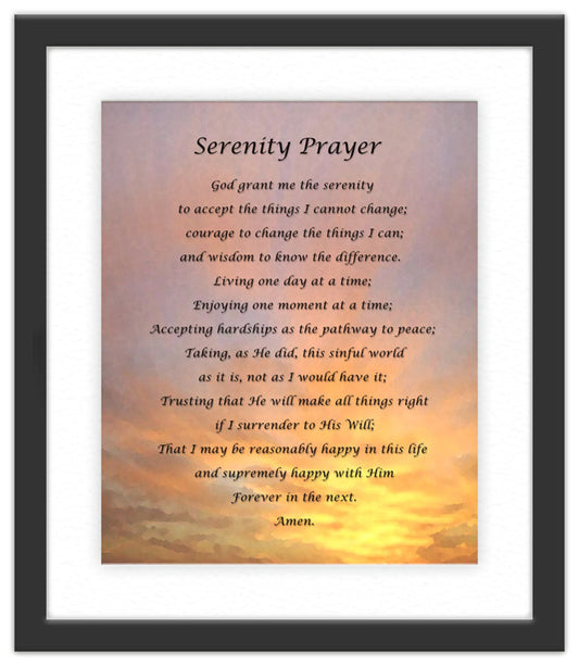 Serenity Prayer with Sunset in the Background with Black Frame