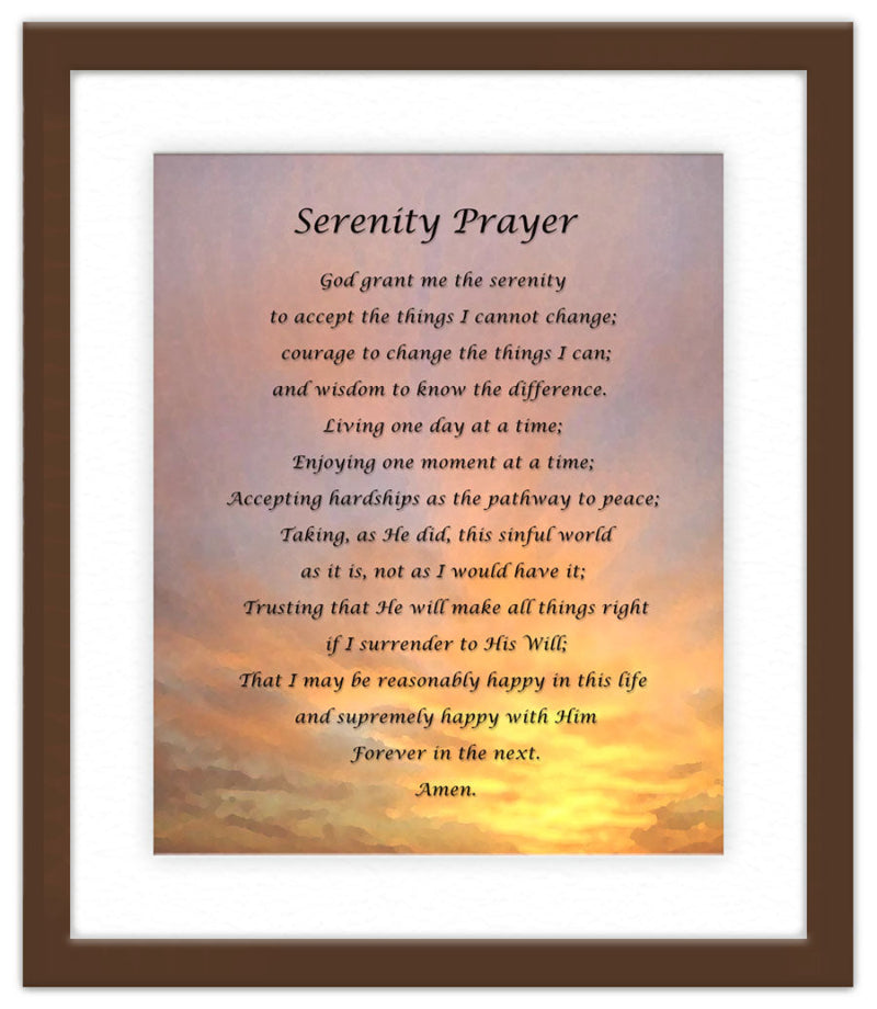 Serenity Prayer with Sunset in the Background with Espresso Frame