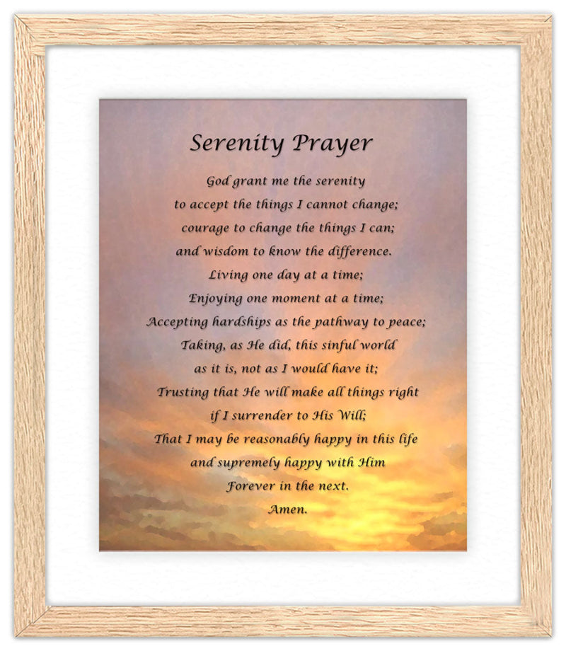 Serenity Prayer with Sunset in the Background with Oak Frame