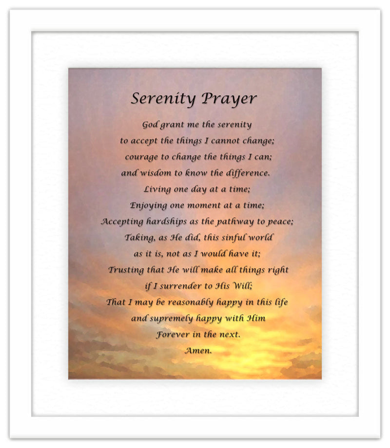 Serenity Prayer with Sunset in the Background with White Frame