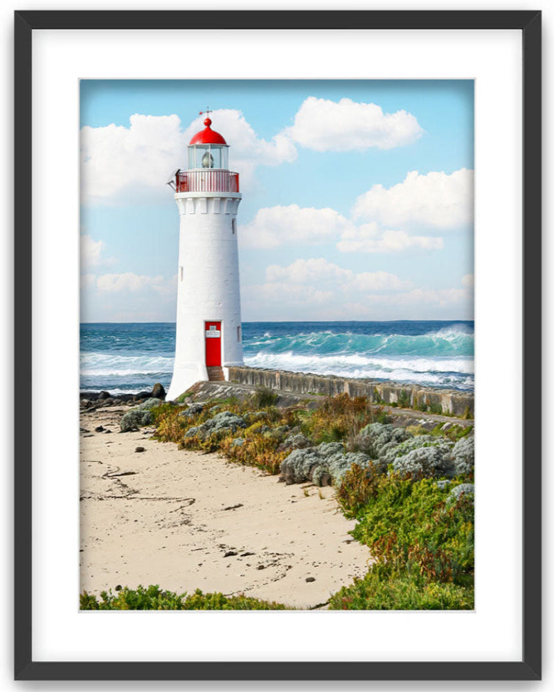 Lighthouse Picture of Griffiths Island Lighthouse -Lighthouse with Fluffy Clouds in Black Frame