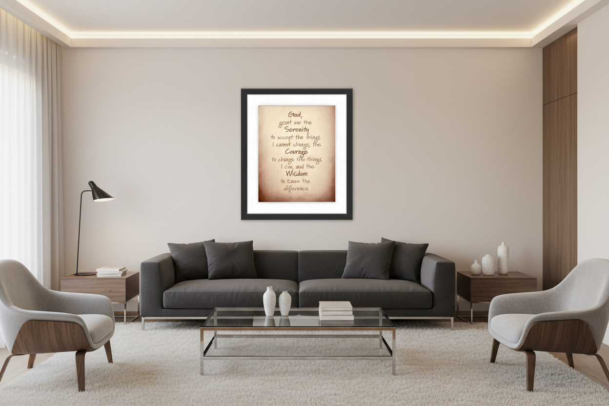 Black Frame Serenity Prayer in Modern Living Room