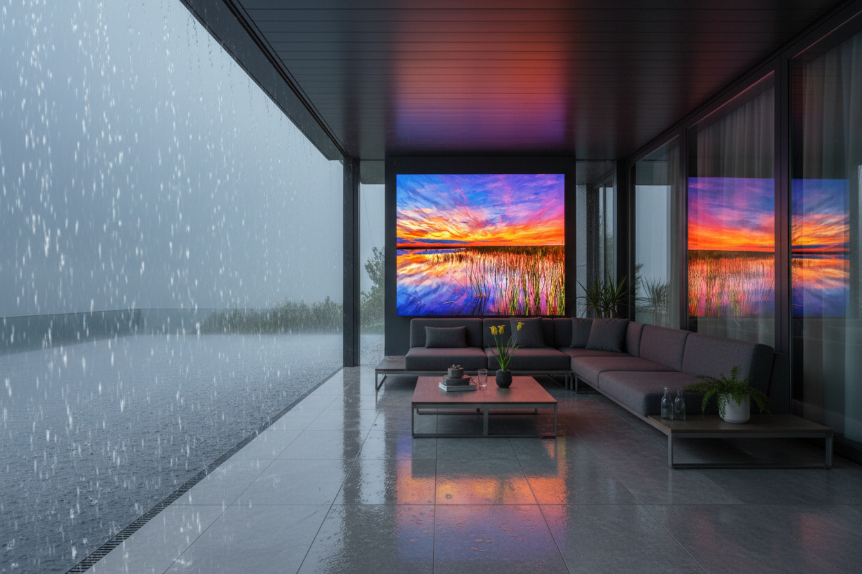 Evening Sunset on Modern Patio in Rain
