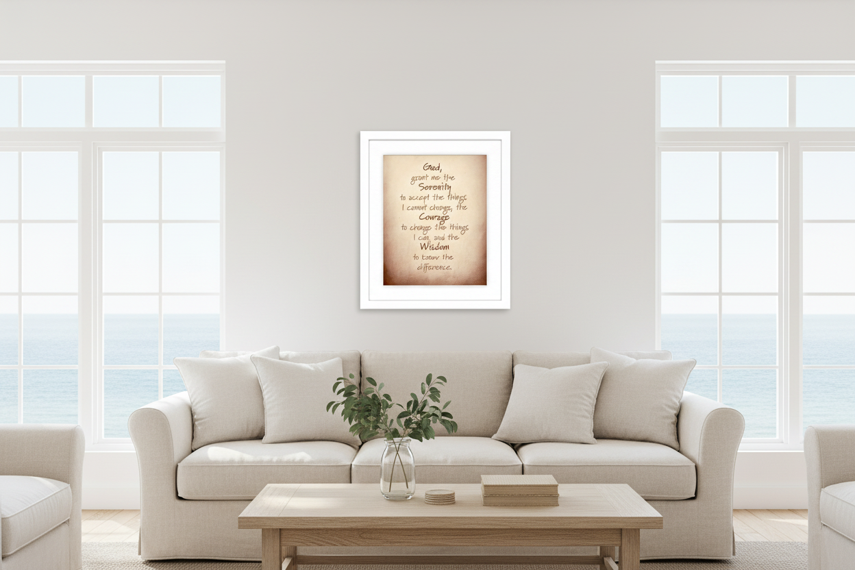 White Frame Serenity Prayer in Coastal Living Room