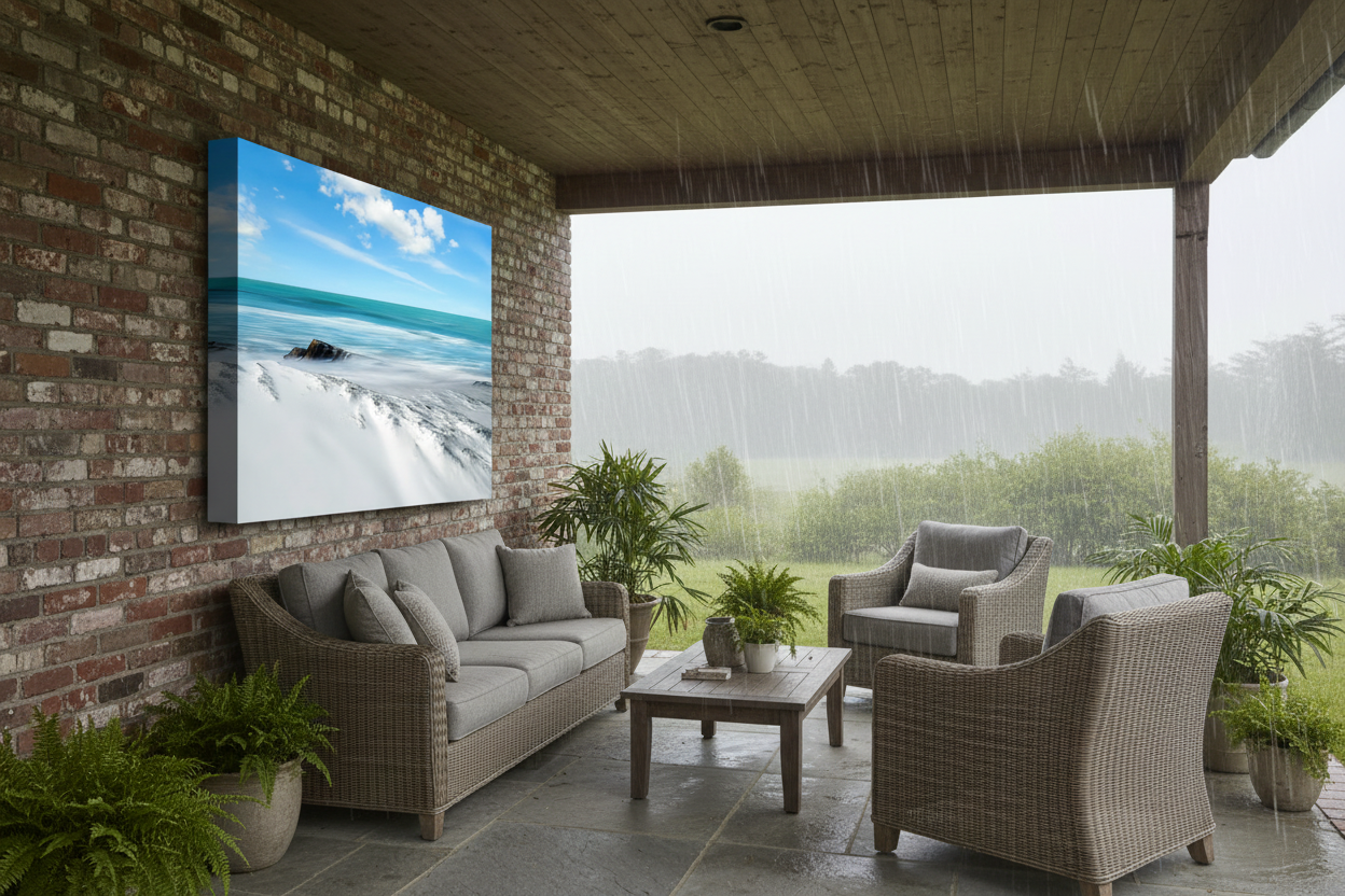 Windswept White Sand Beach on Brick Patio in Rain