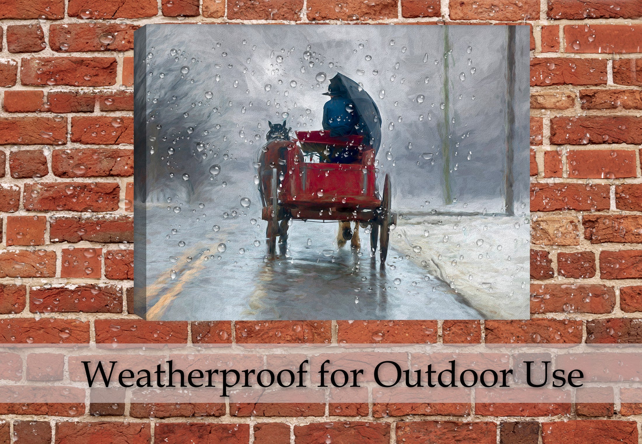 Paining of an Amish Horse and Buggy during the rain. Hanging on Patio Wall.