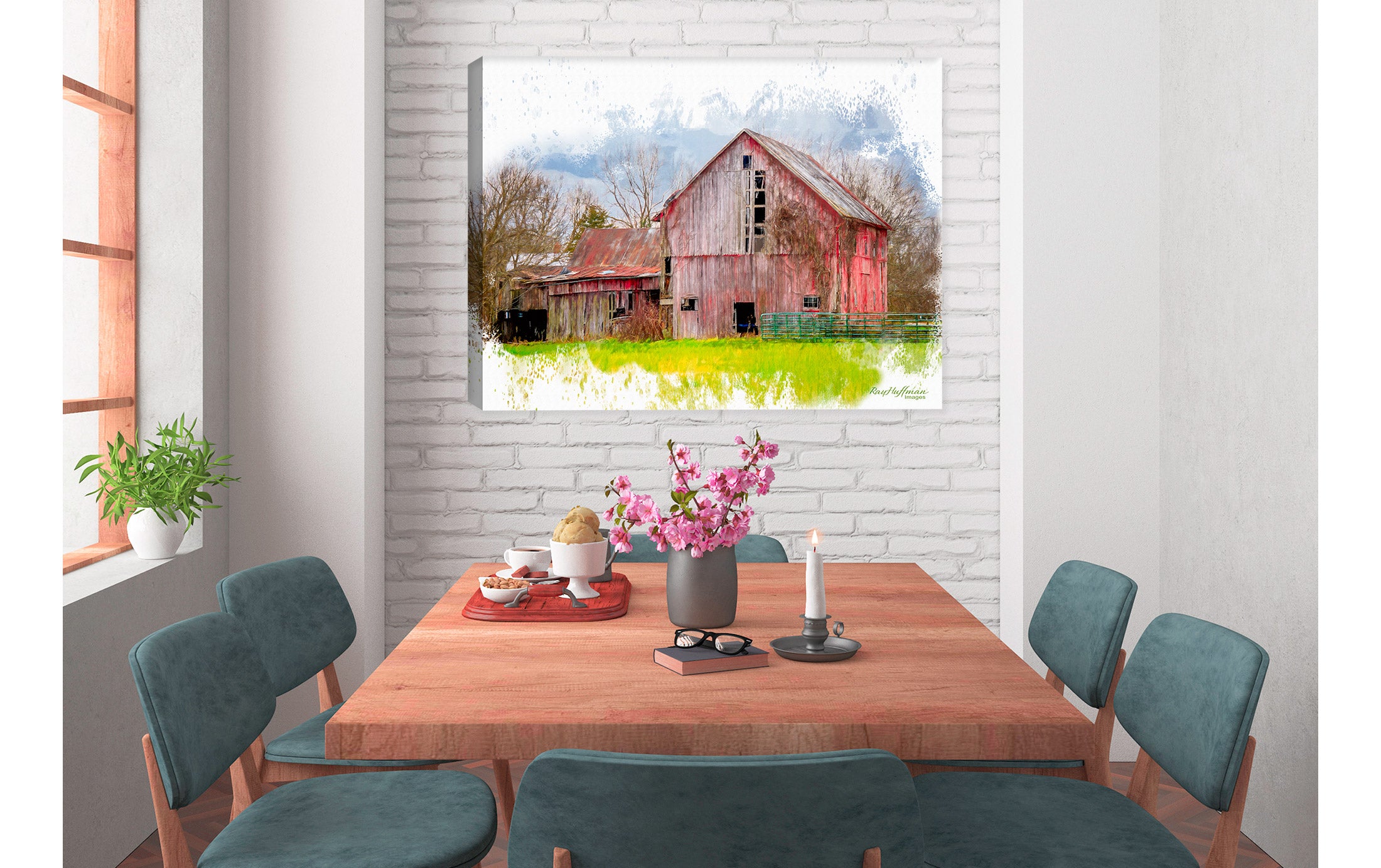 Watercolor Painting of a Barn - on Canvas - Hanging on Dining Room Wall