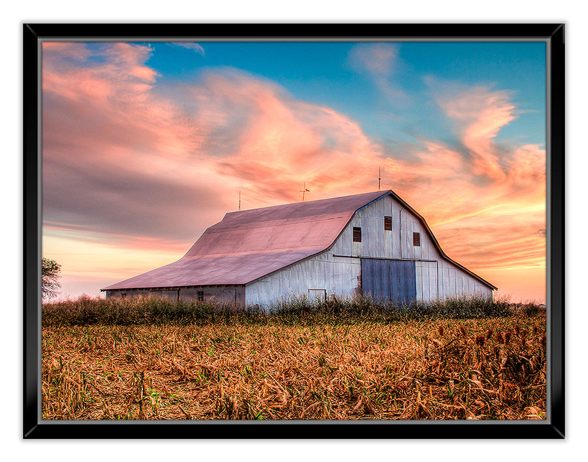 Sunset on Oklahoma  Farm  on Canvas - Printed on Fine Art Paper with Black Frame