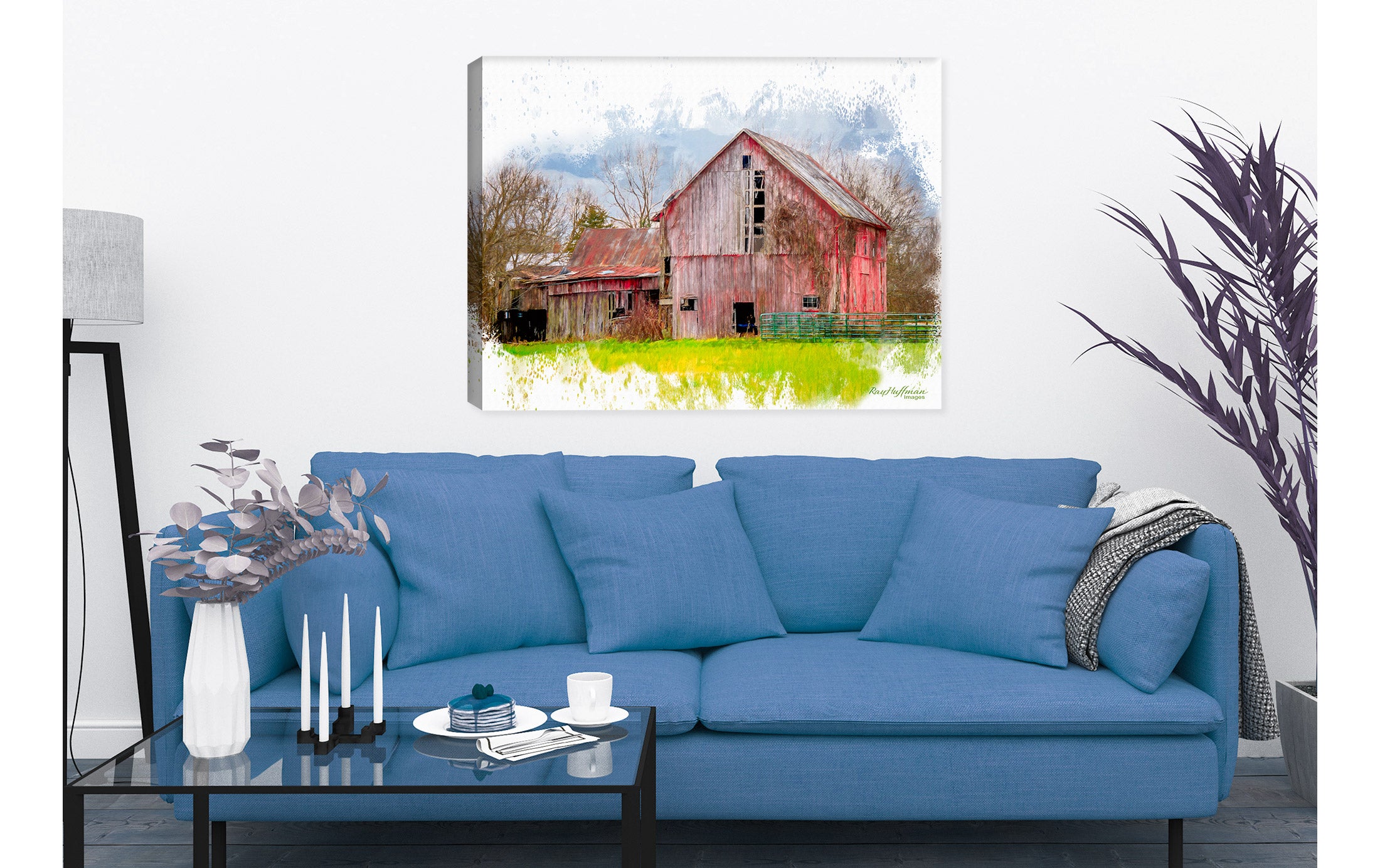 Watercolor Painting of a Barn - on Canvas - Hanging on Living Room Wall