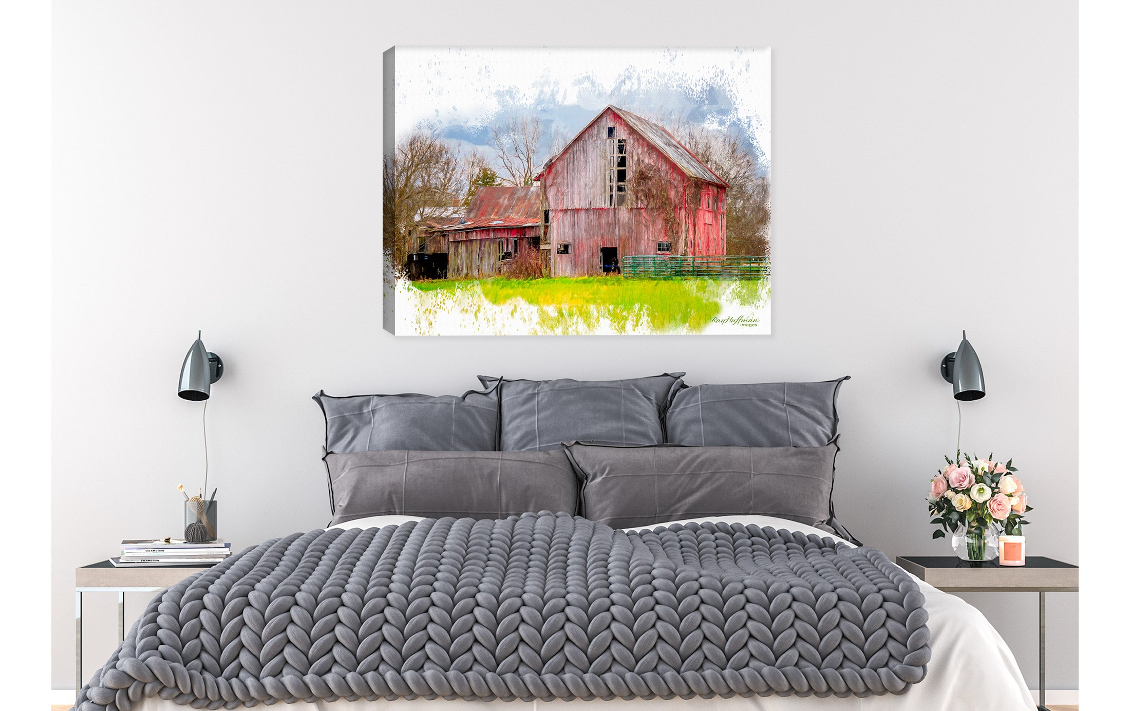 Watercolor Painting of a Barn - on Canvas - Hanging on Bedroom Wall