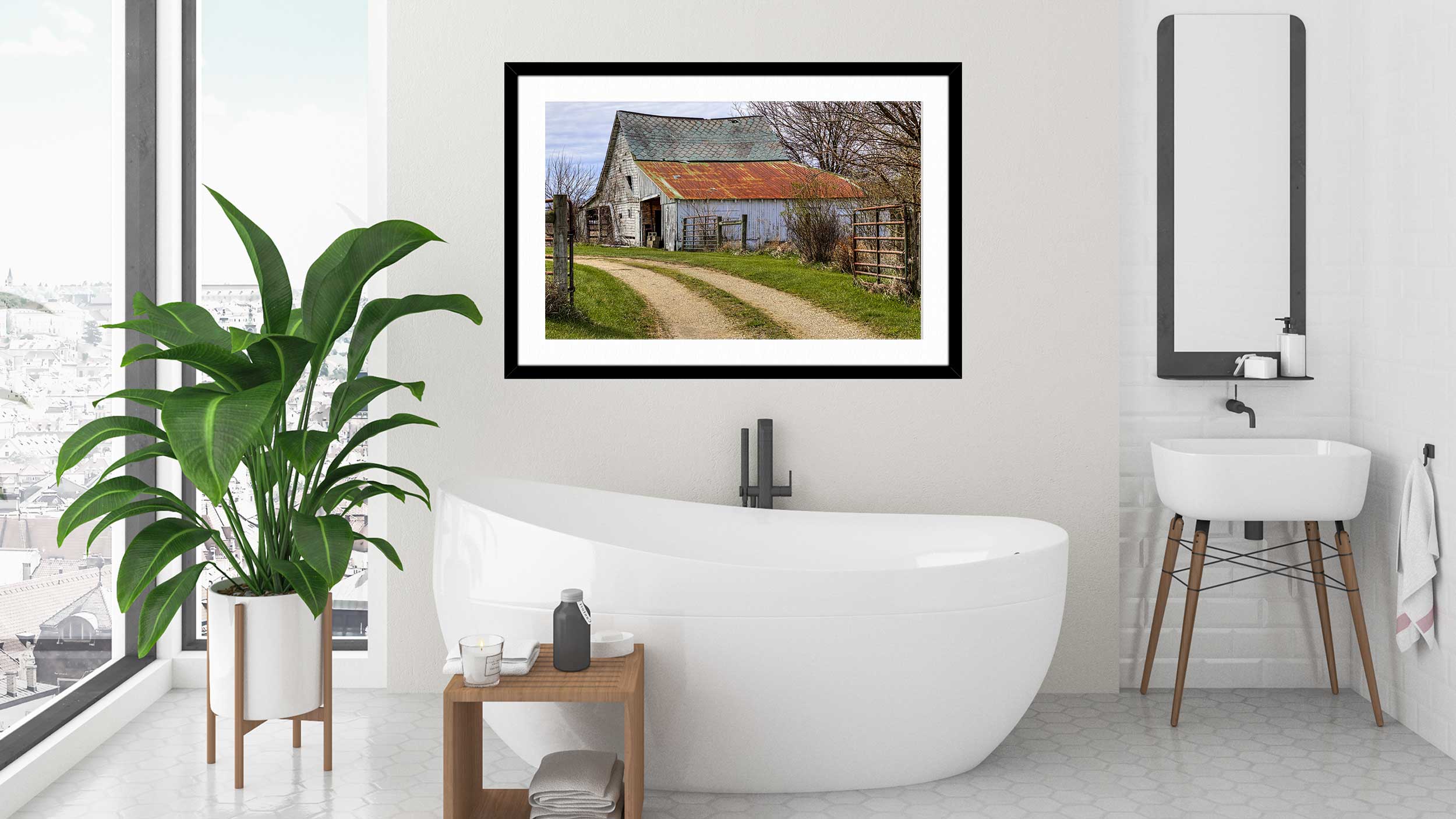 A classic photograph framed - hanging on bathroom wall 