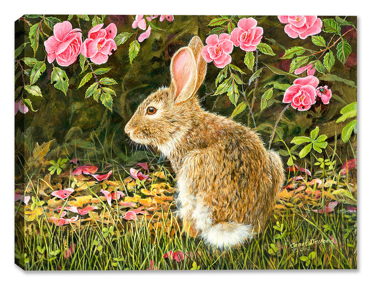 Image of a painting of a rabbit on a Bed of Roses on a canvas wrap