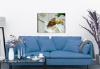 High Resolution of a  Monarch butterfly on a white orchid. Printed on Canvas - Hung on Living Room Wall.