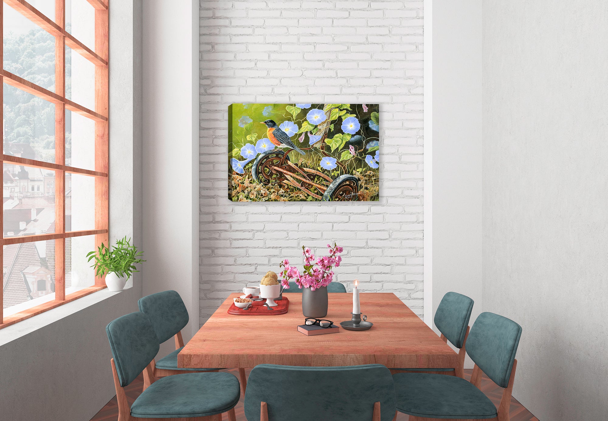 American Robin  on a Canvas Wrap hanging n a dining room wall.