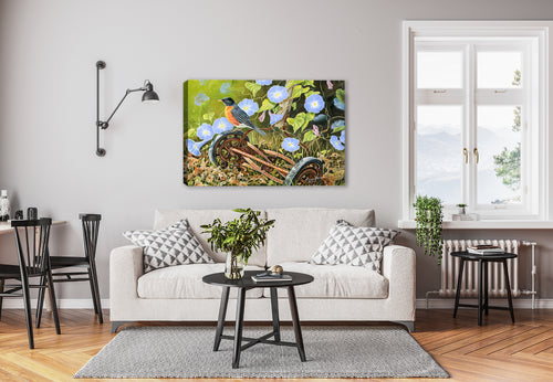 American Robin - Painting by Carol Decker  on a Canvas Wrap hanging n a living room wall.