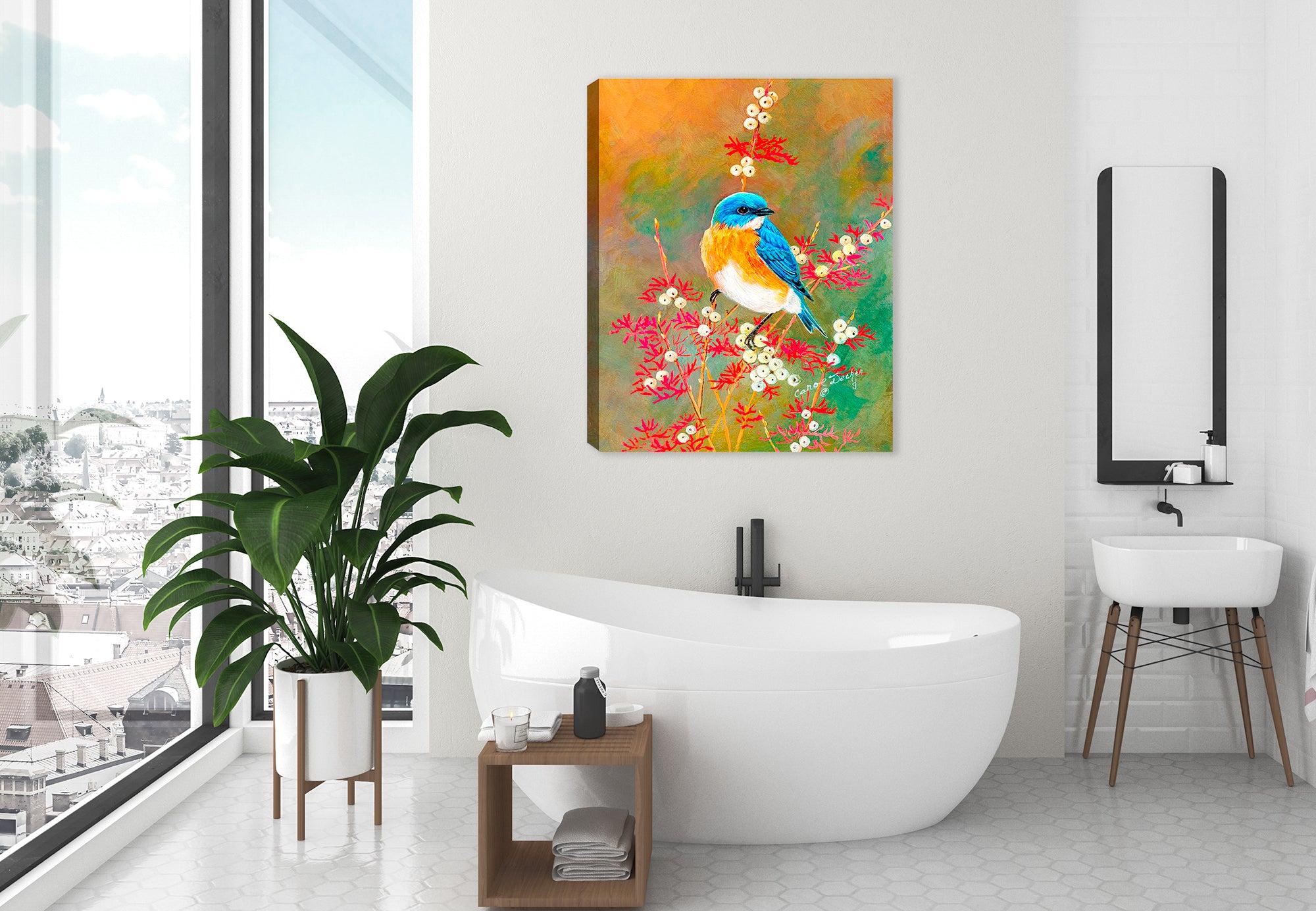 Painting of a Bluebird Beauty on a Dogwood Tree - Printed on a canvas wrap hanging on a wall in the bathroom.