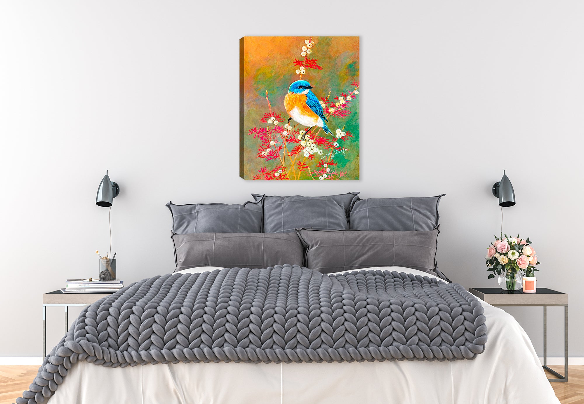 Painting of a Bluebird Beauty on a Dogwood Tree - Printed on a canvas wrap hanging on a wall in the bedroom.