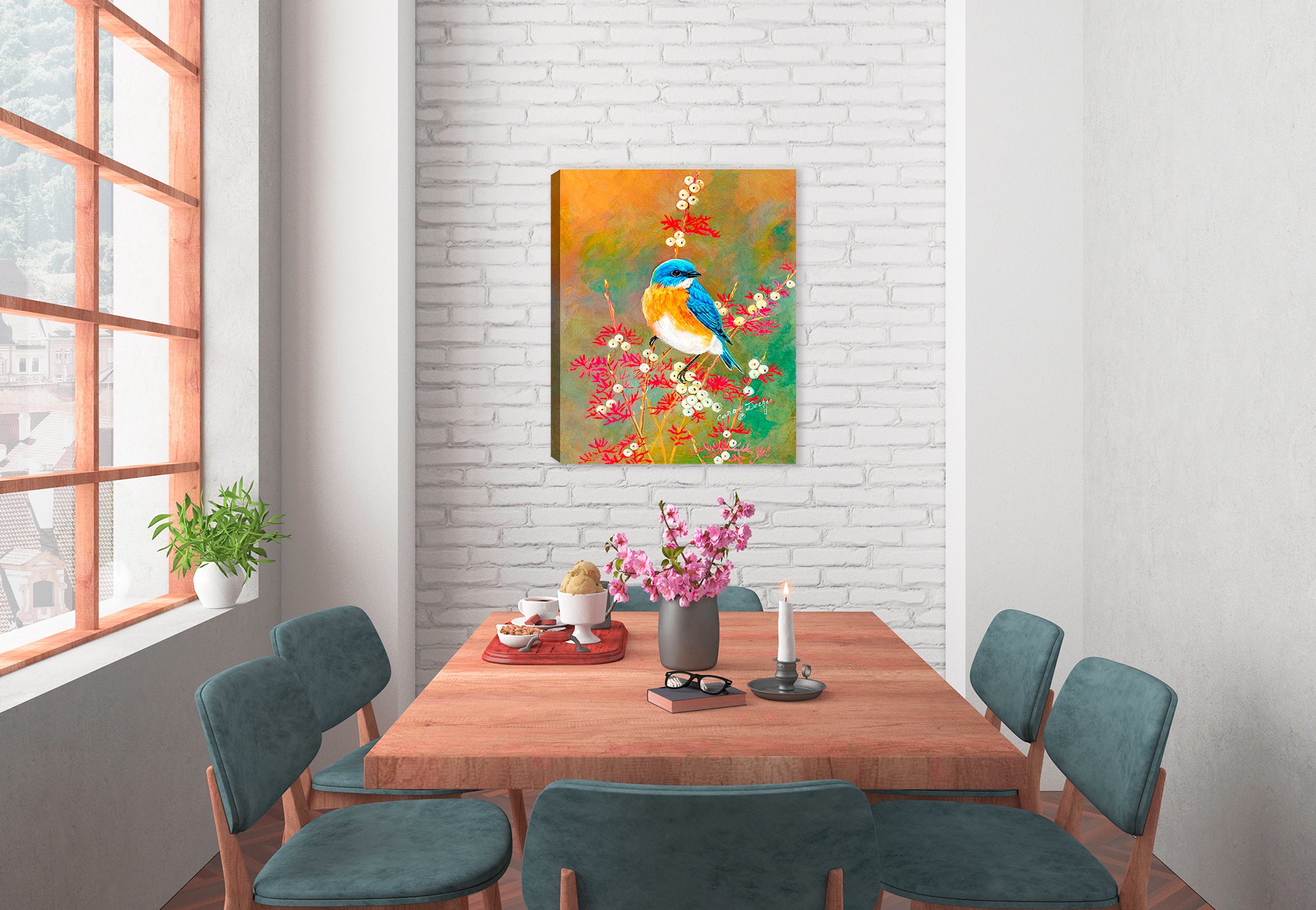 Painting of a Bluebird Beauty on a Dogwood Tree - Printed on a canvas wrap hanging on a wall in the dining room.