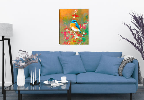 Painting of a Bluebird Beauty on a Dogwood Tree - Printed on a canvas wrap hanging on a wall in the living room.