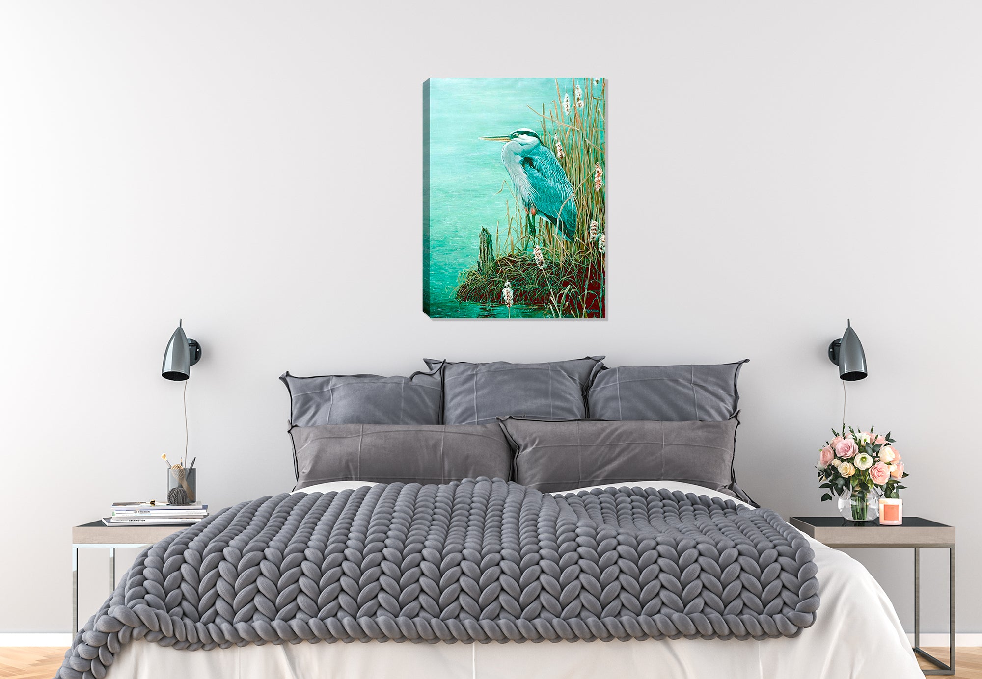 Painting of a Blue Heron on a Rainy Day printed on a canvas wrap hanging on a wall in the bedroom.