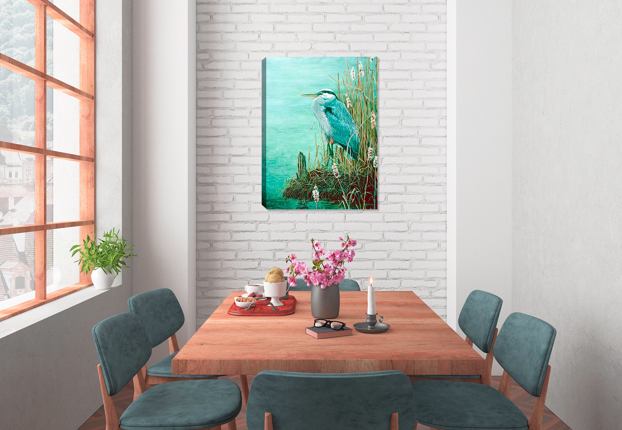 Painting of a Blue Heron on a Rainy Day printed on a canvas wrap hanging on a wall in the dining room.