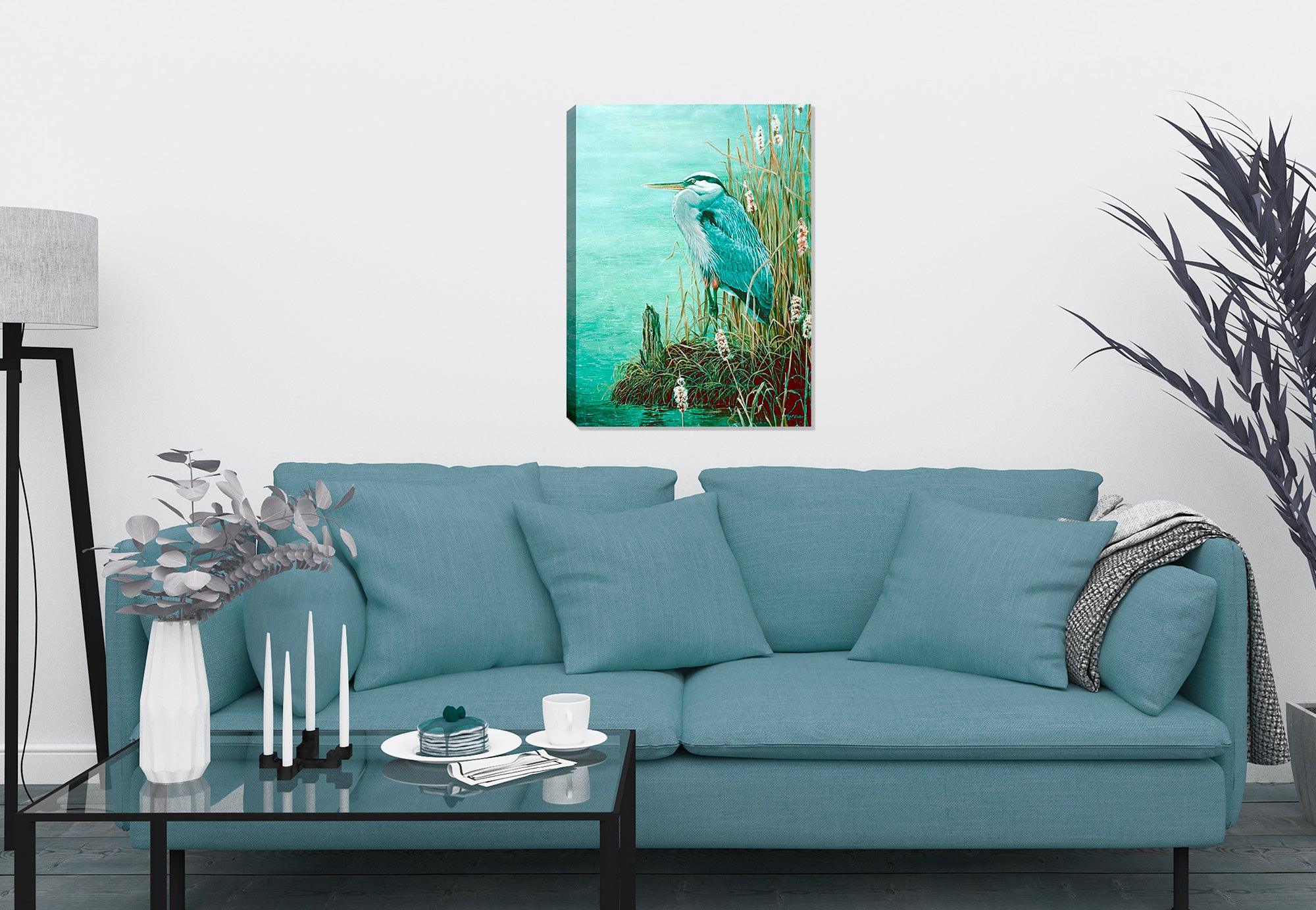 Painting of a Blue Heron on a Rainy Day printed on a canvas wrap hanging on a wall in the living room.