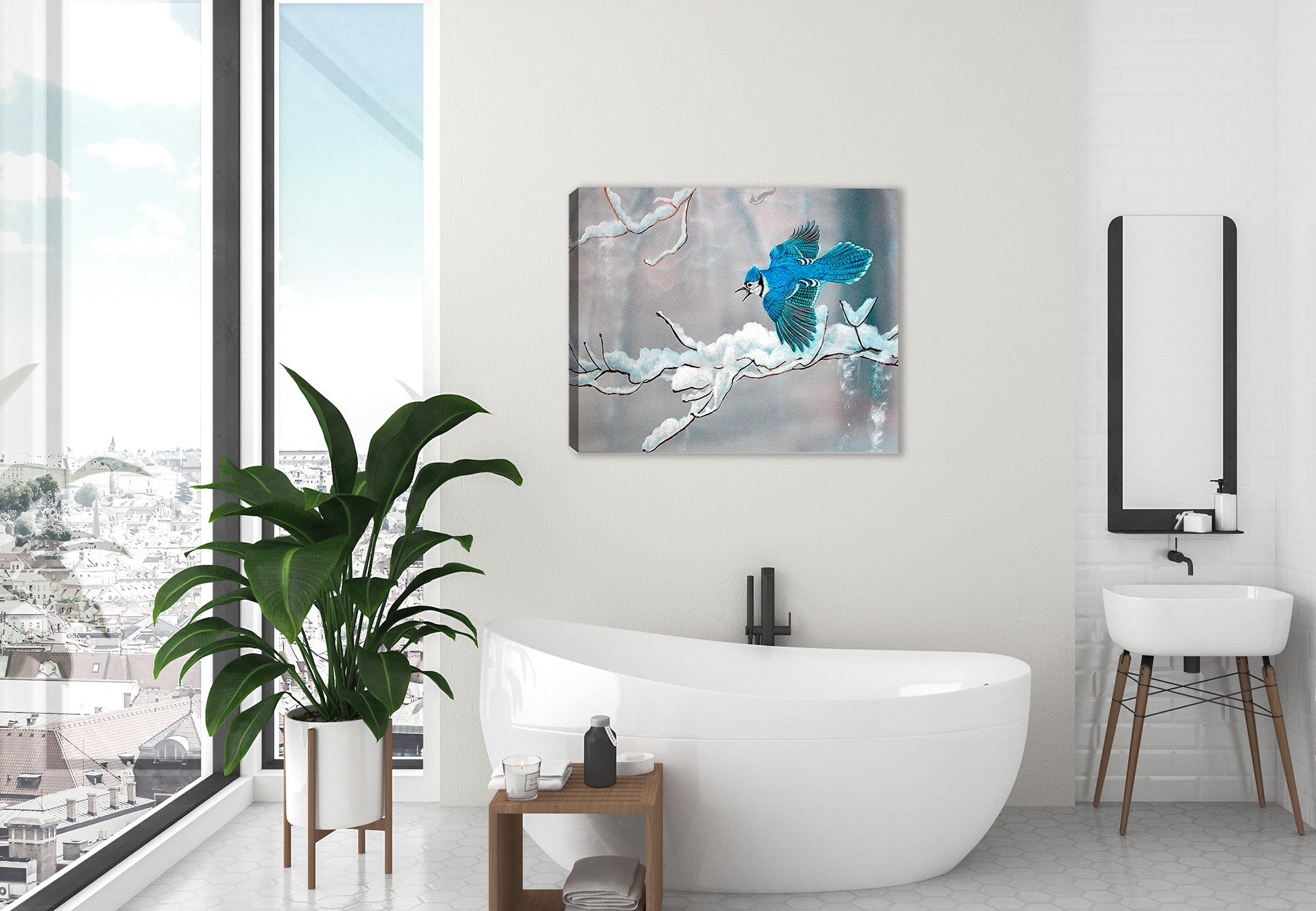 Painting of a Bluejay in Winter by Carol Decker - printed on a canvas wrap hanging on the wall in the bathroom