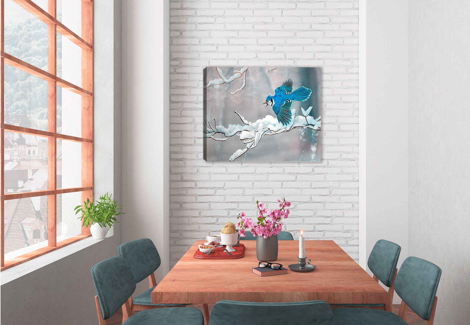 Painting of a Bluejay in Winter by Carol Decker - printed on a canvas wrap hanging on the wall in the dining room