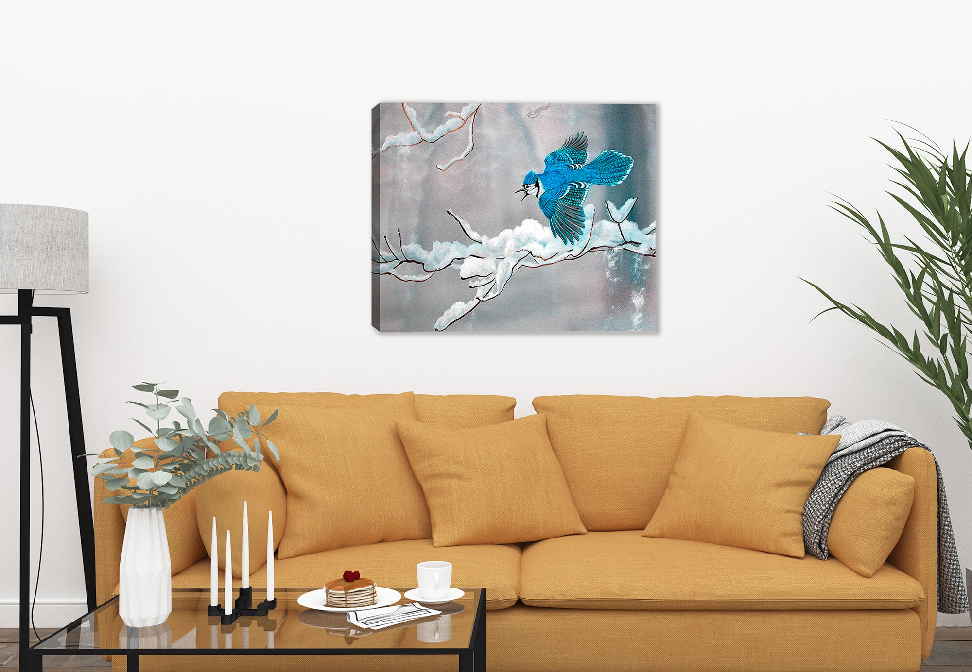 Painting of a Bluejay in Winter by Carol Decker - printed on a canvas wrap hanging on the wall in the living room