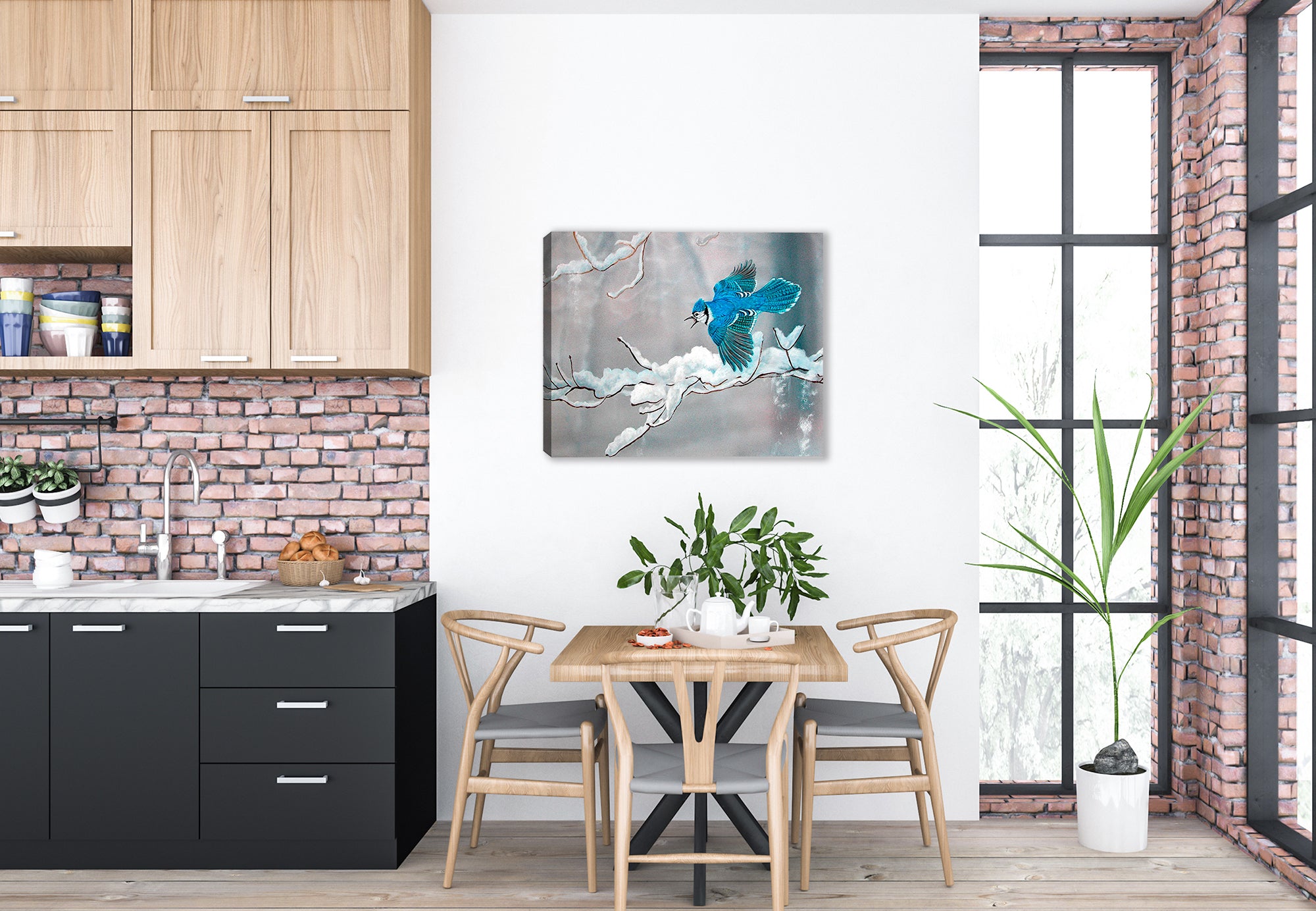 Painting of a Bluejay in Winter by Carol Decker - printed on a canvas wrap hanging on the wall in the dining  room
