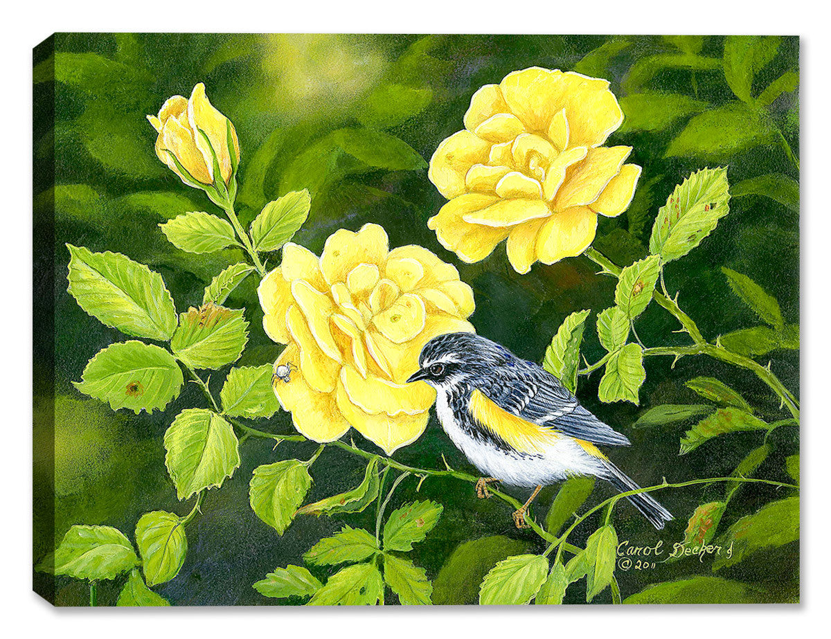 Image of a bird among yellow roses painted on a canvas wrap.