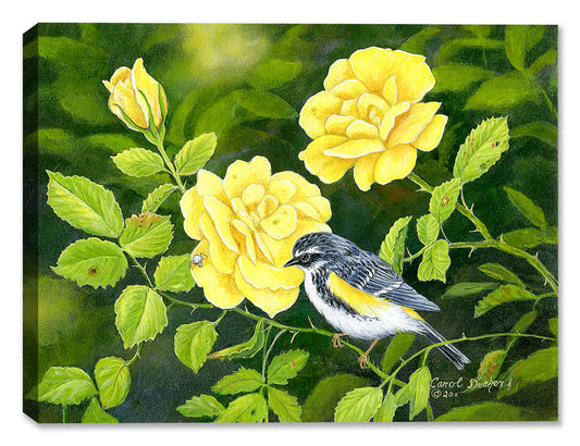 Image of a bird among yellow roses painted on a canvas wrap.