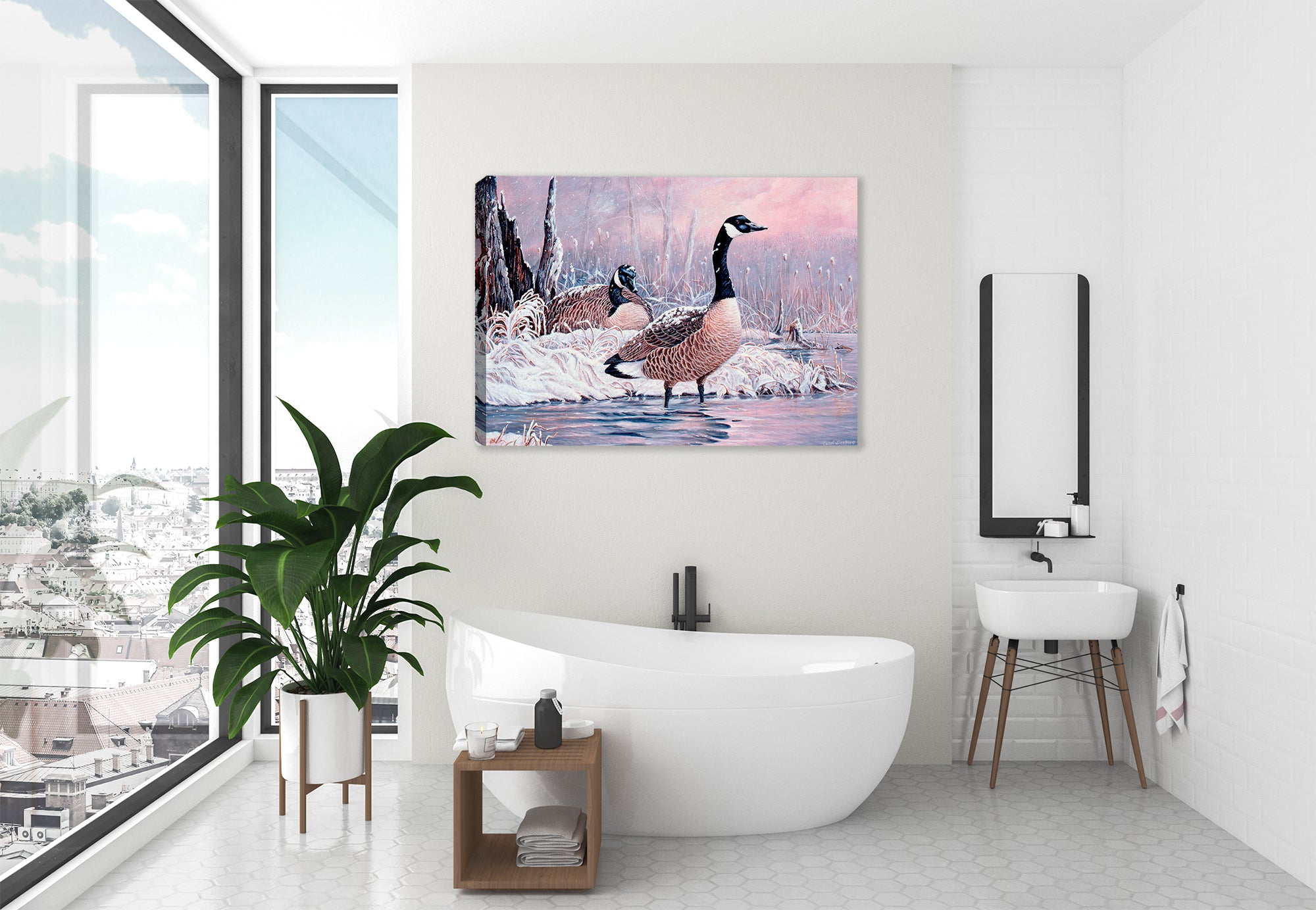 Canada Goose Painting on Canvas hung of a Bathroom Wall.