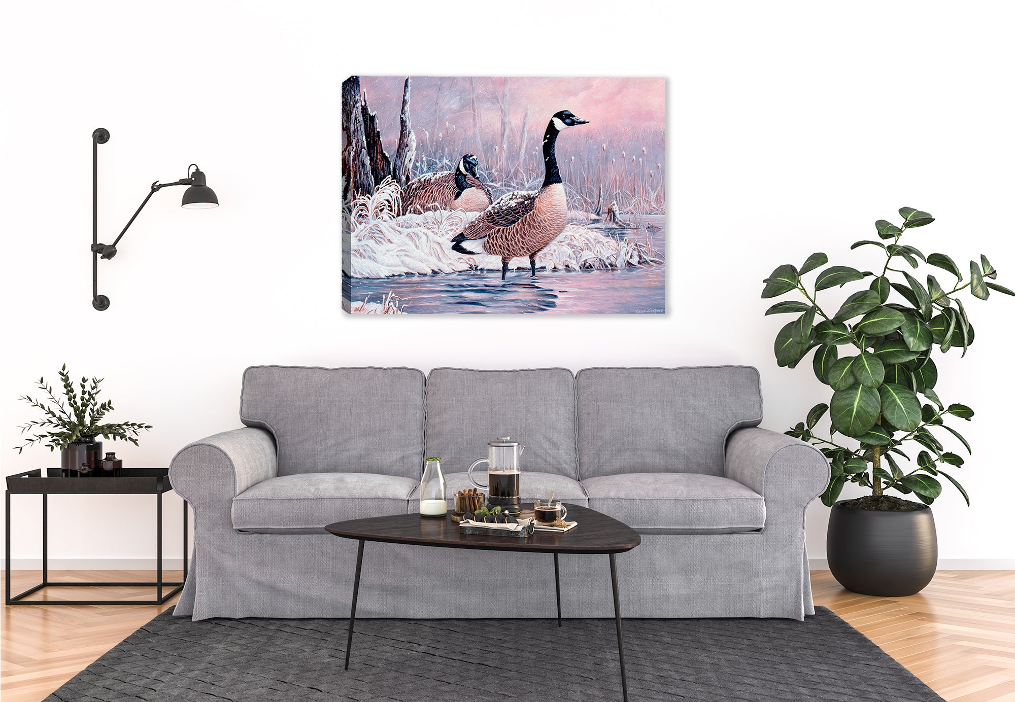 Canada Goose Painting on Canvas hung of a Living Room Wall.