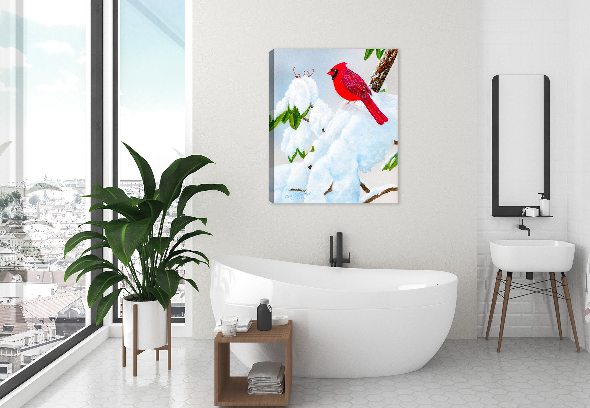 Cardinal on Snow  on Canvas - Hanging on Bathroom Wall
