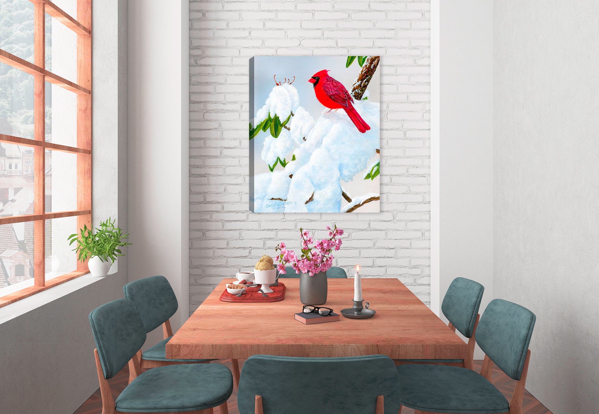 Cardinal on Snow  on Canvas - Hanging on Dining Room Wall