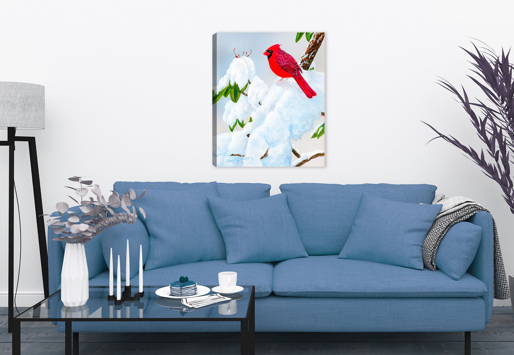 Cardinal on Snow  on Canvas - Hanging on Living Room Wall