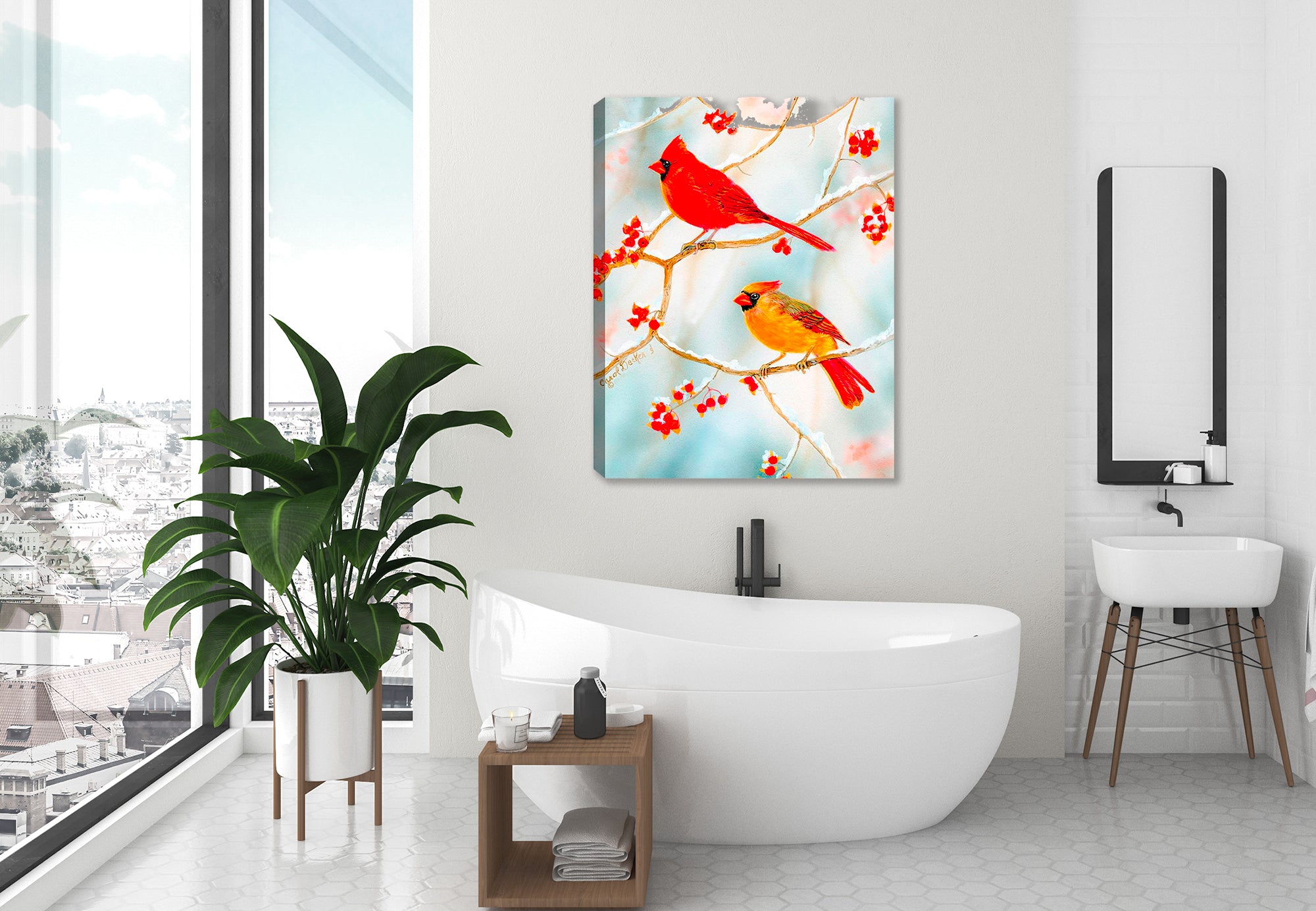 Cardinals Bird in the Bittersweet - printed n Canvas - Hanging on Bathroom Wall