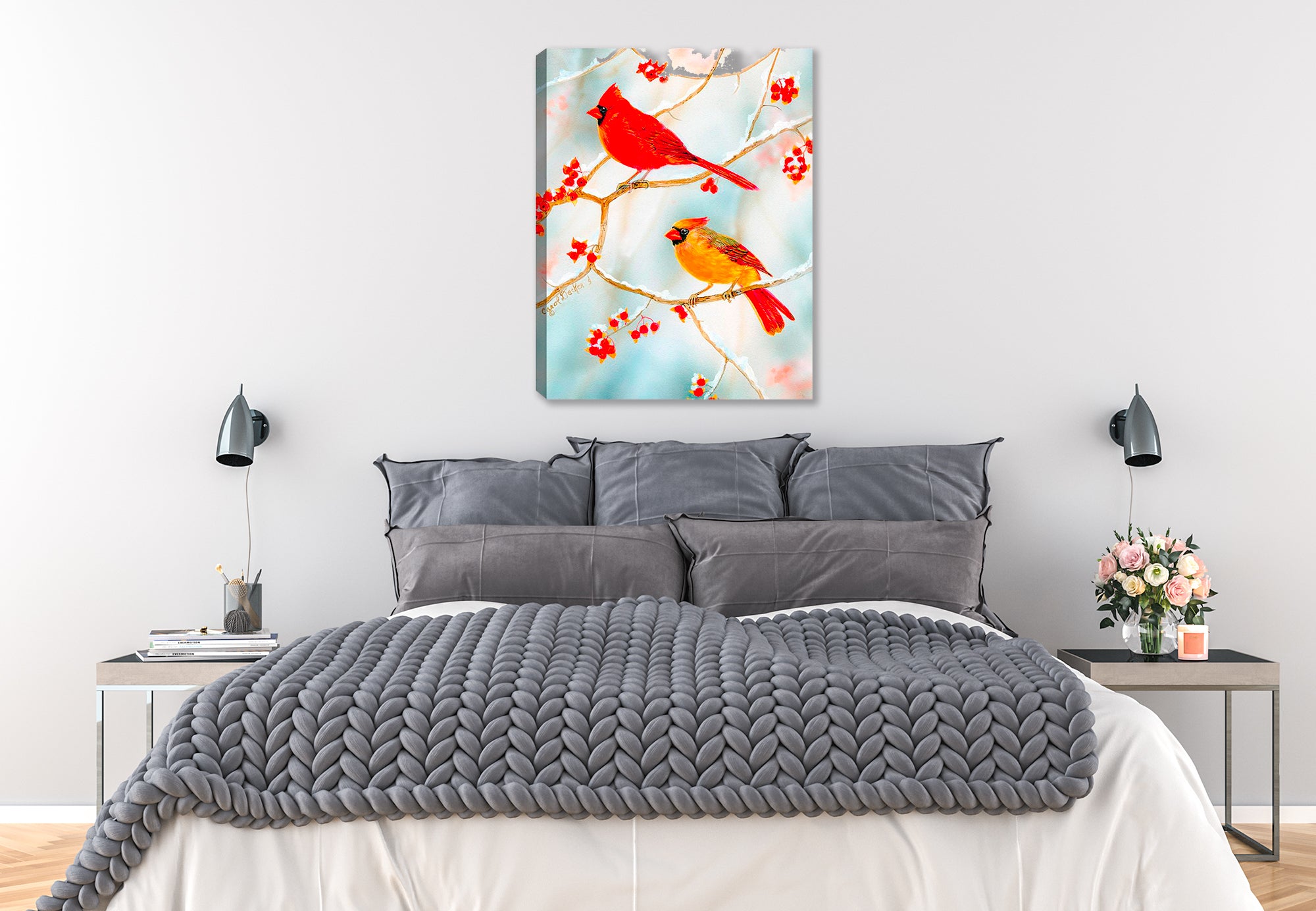 Cardinals Bird in the Bittersweet - printed n Canvas - Hanging on bathroom Wall