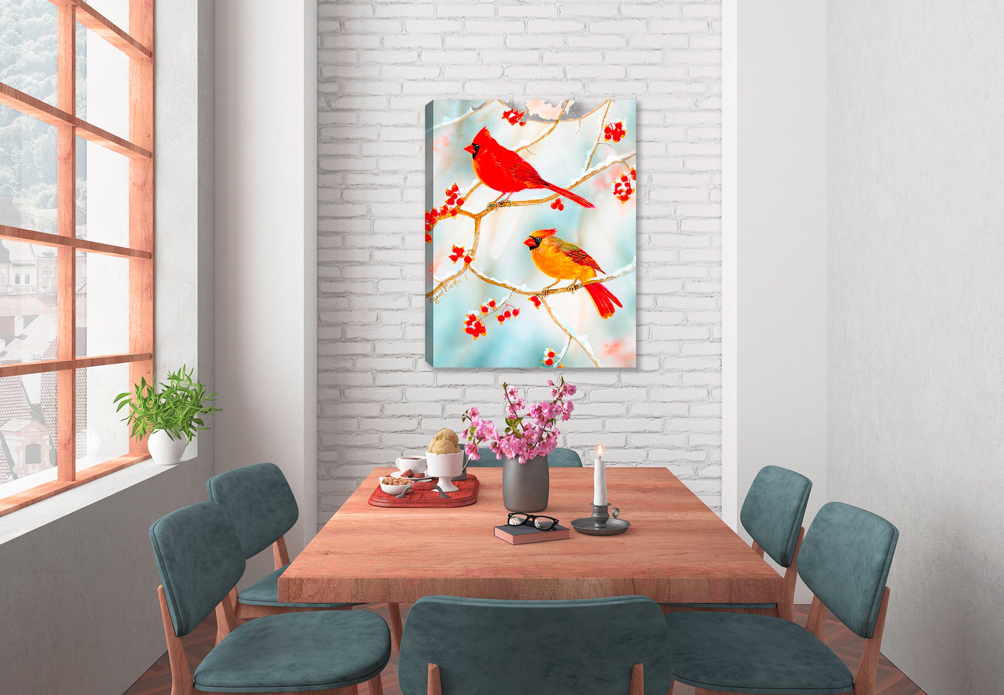Cardinals Bird in the Bittersweet - printed n Canvas - Hanging on Dining Room Wall