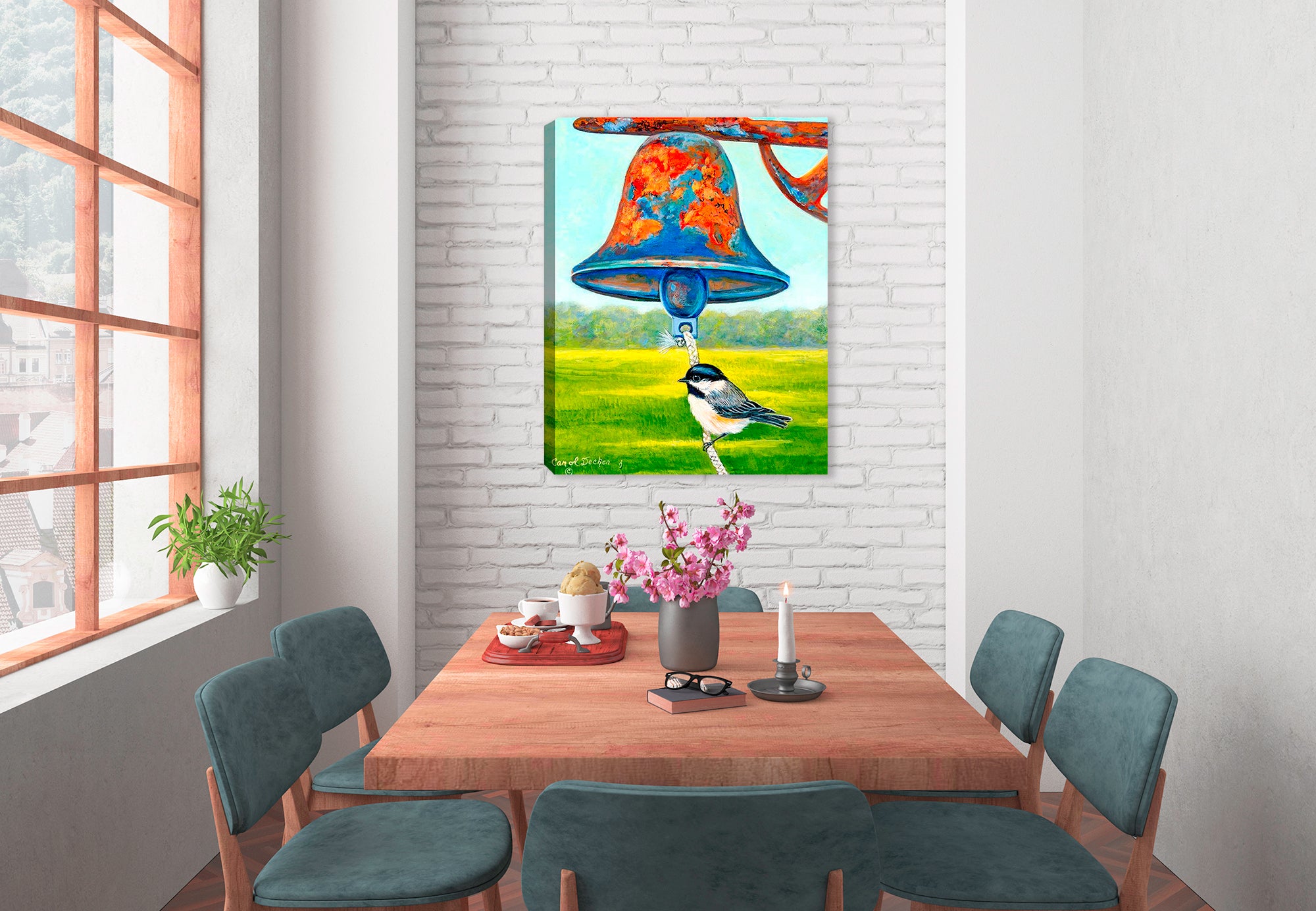 Dinner Bell with Bird on Canvas - Hanging of Dining Room Wall