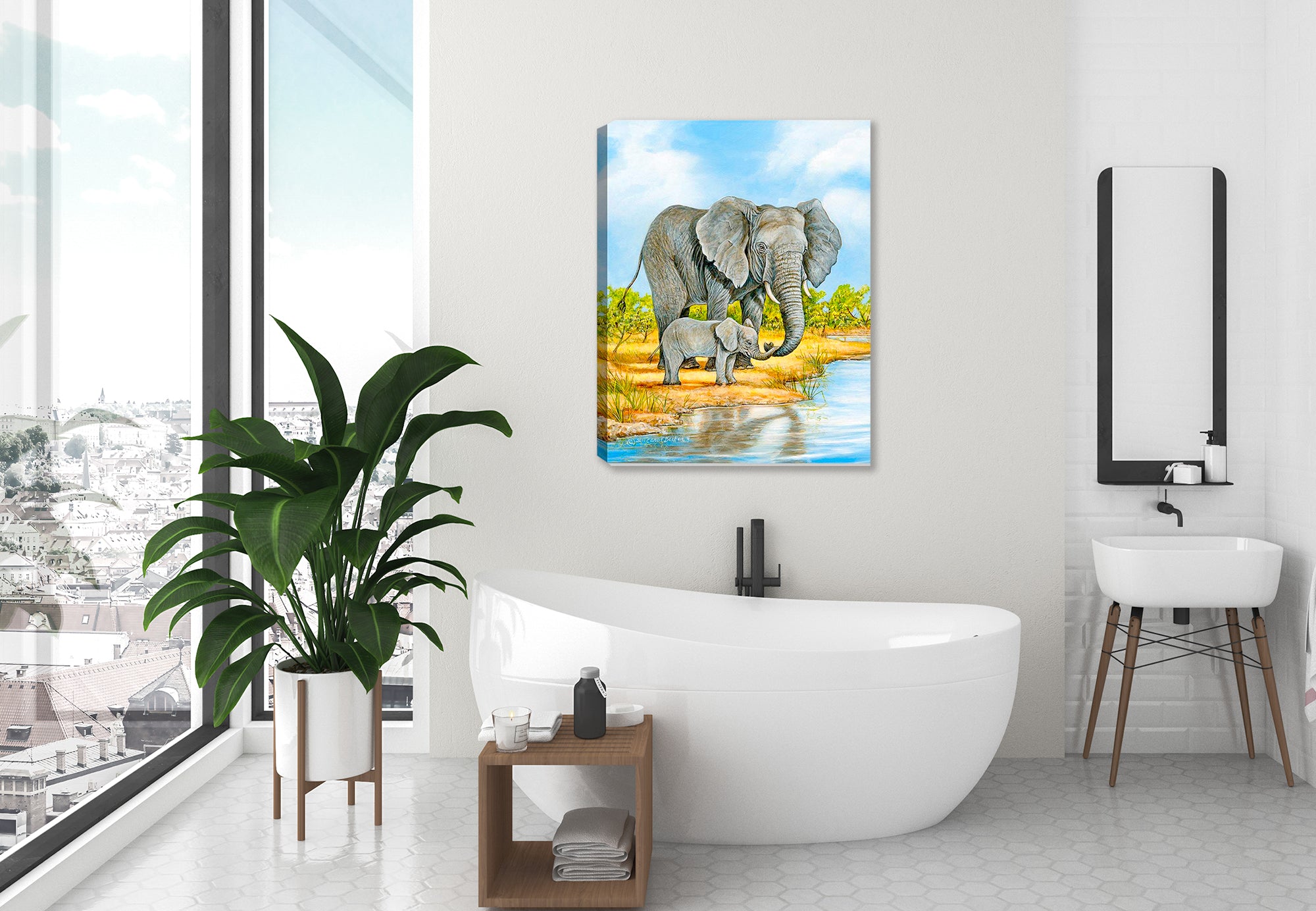 Elephant and Baby - Painting - Printed on Canvas - Hung on Bathroom  Wall