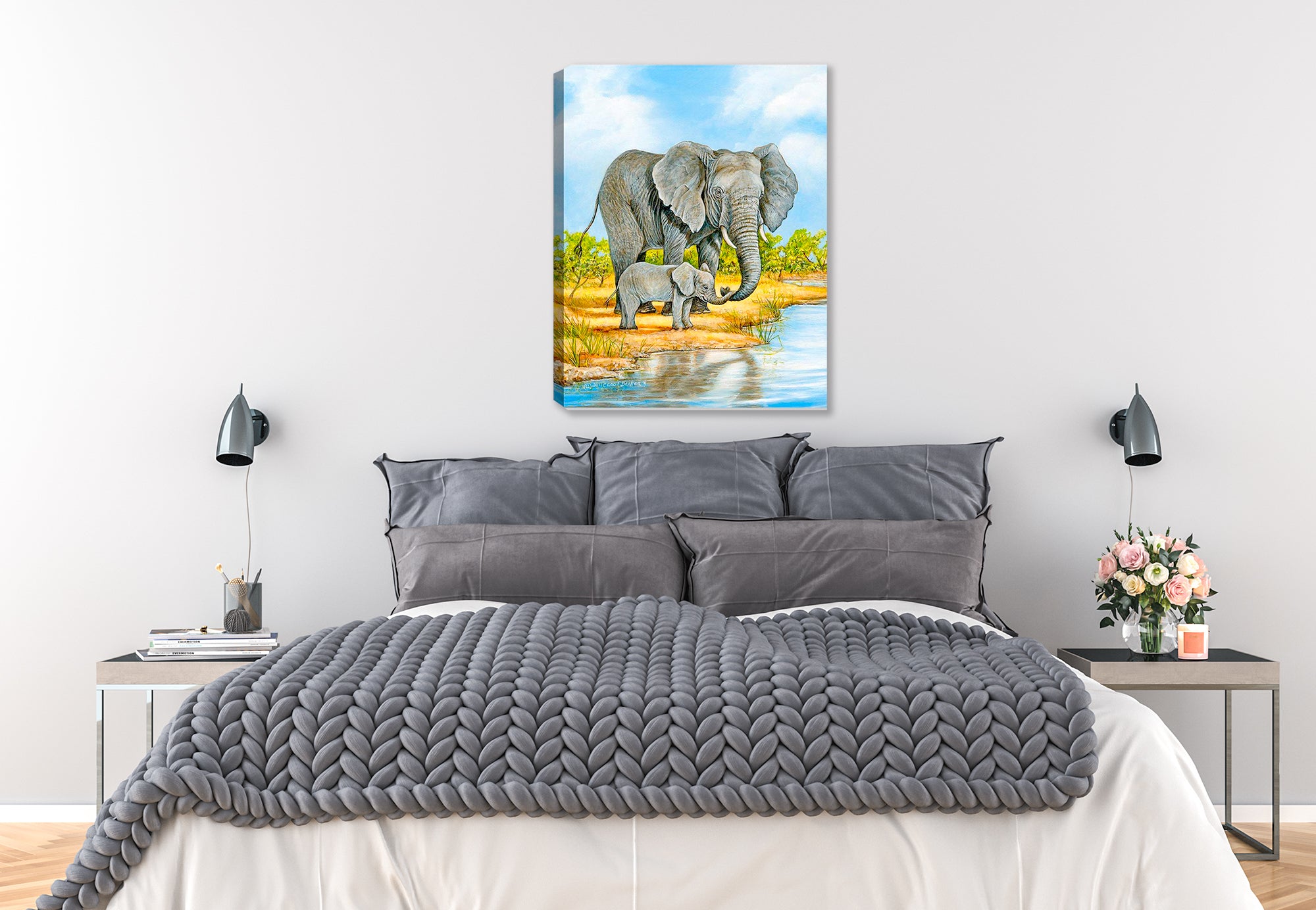 Elephant and Baby - Painting - Printed on Canvas - Hung on Bedroom Wall