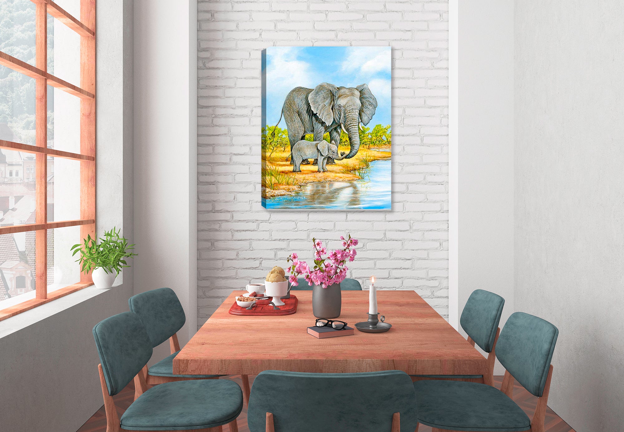 Elephant and Baby - Painting - Printed on Canvas - Hung on Dining Room Wall