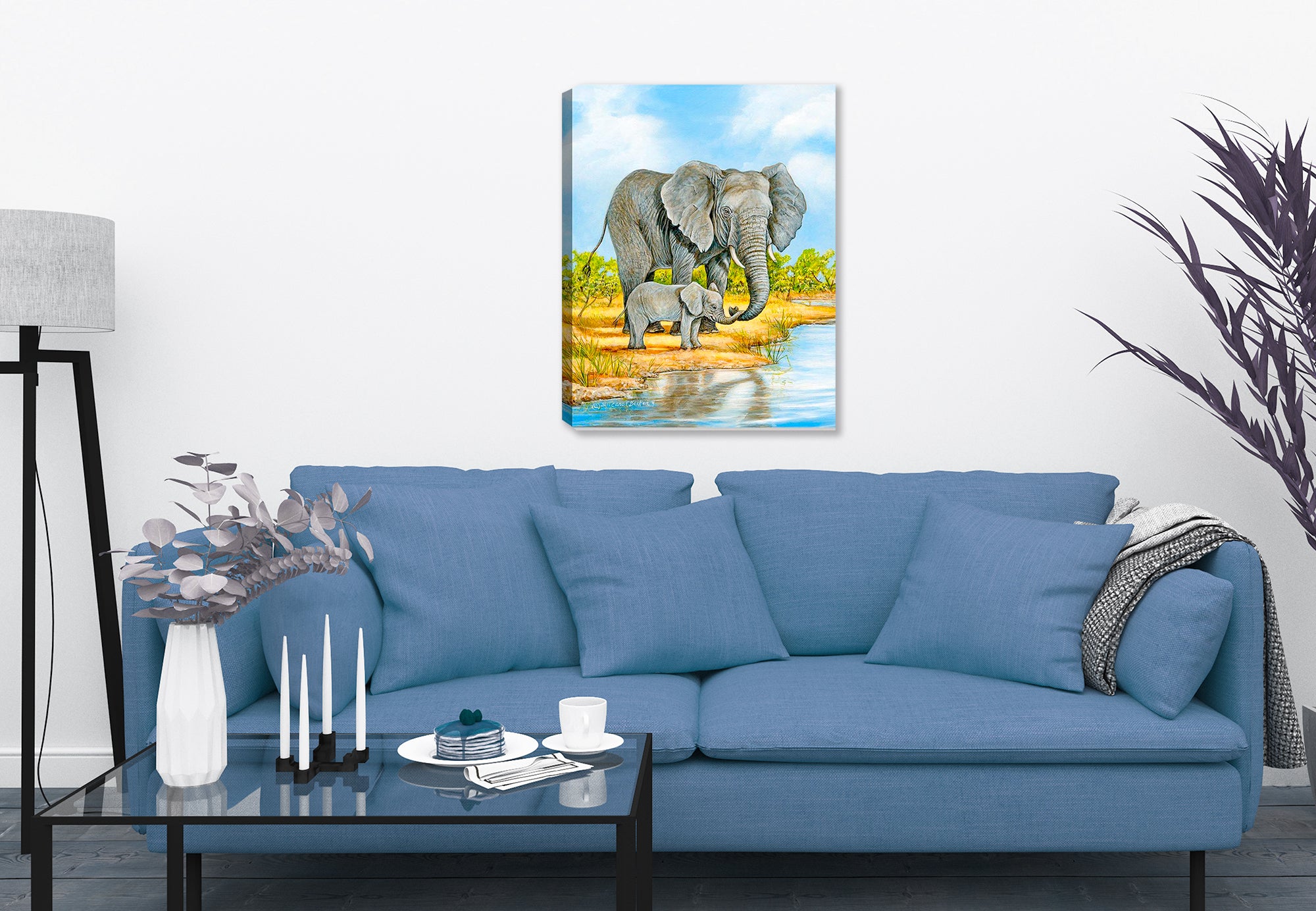 Elephant and Baby - Painting - Printed on Canvas - Hung on Living Room Wall