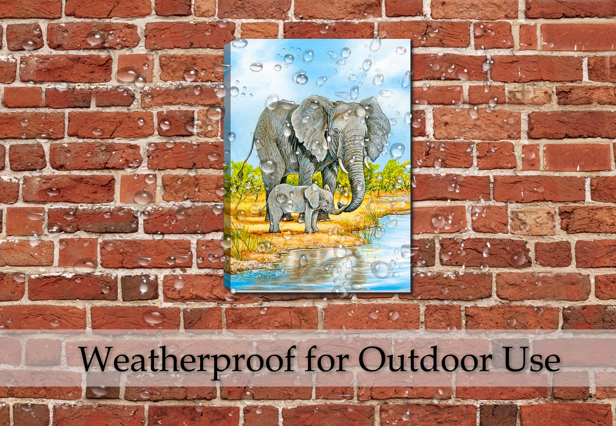 Elephant and Baby - Painting - Printed on Canvas - Hung on Brick Patio Wall - Waterproof for Outdoor Use. 